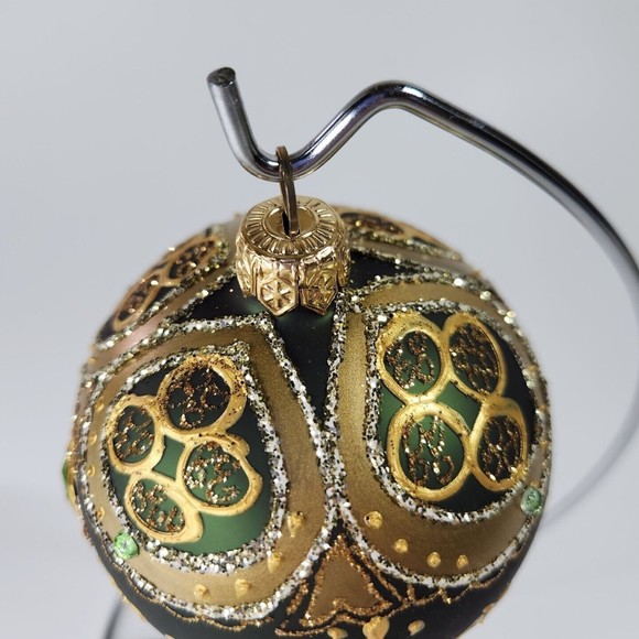 Hand Painted Green Gold Gem Glitter Christmas Tree Bulb Glass Ornament - Picture 5 of 7